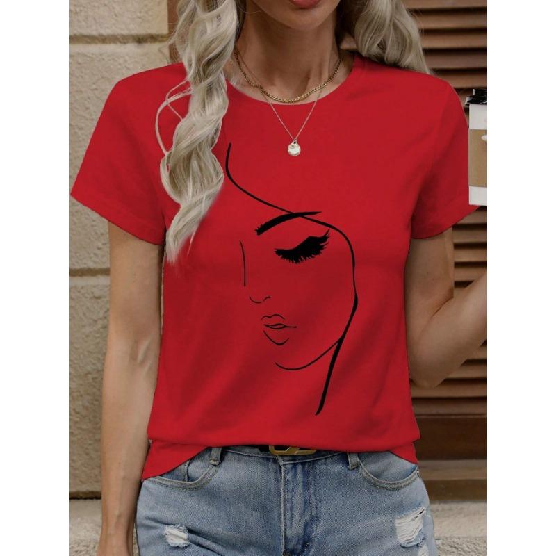 Summer Round Neck 3D Facial Depiction Pattern Print Top Fashionable Casual Short Sleeved Women's T-shirts