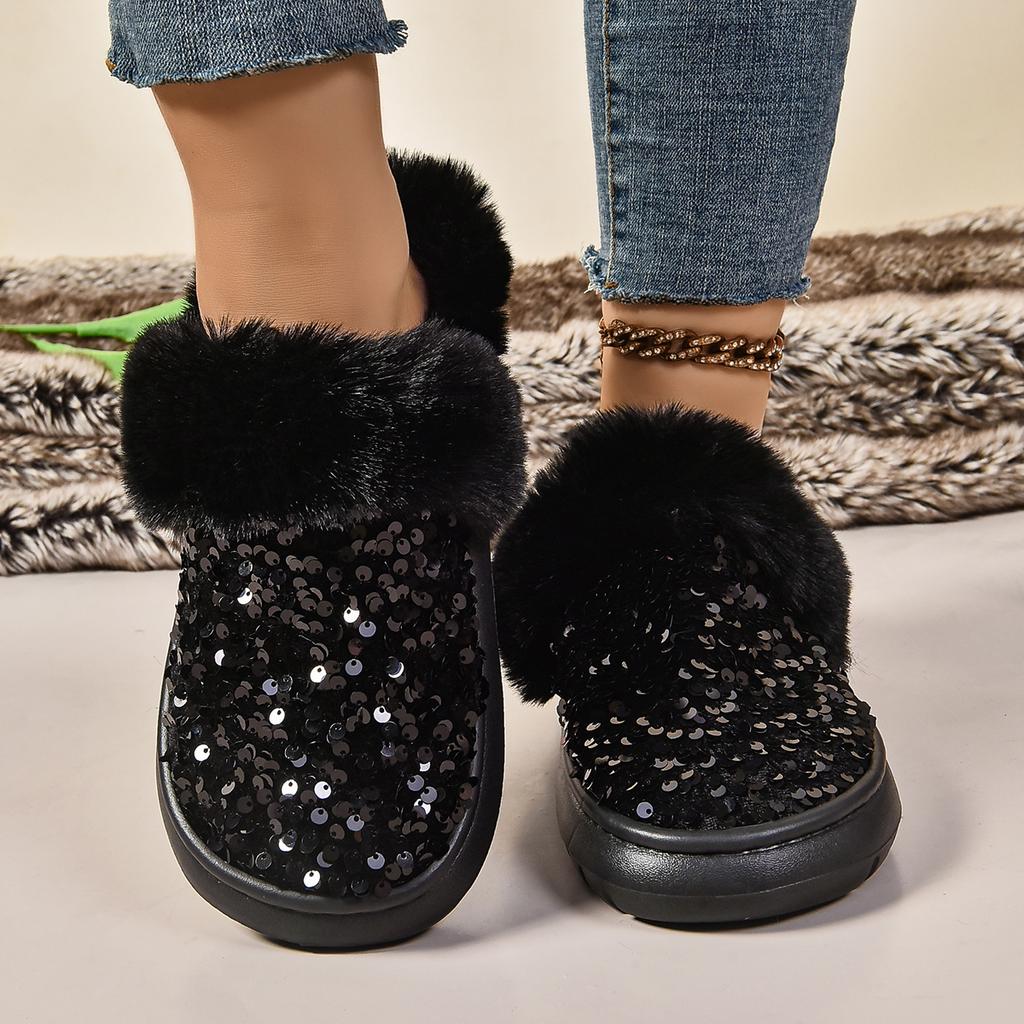 Módní dámské sněhule Protiskluzové Kulatá špička Sametová podšívka Lehké Zimní boty Dámské Kotníkové Boty Silná podrážka Kamínky Flitry Boty