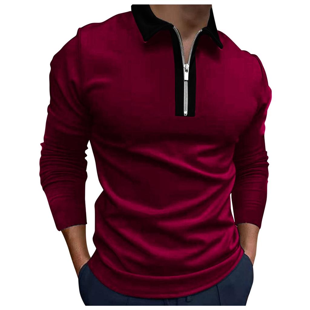 Men's Fashion Zipper Stitched T-Shirt Long Sleeve Lapel Pullover Top Blouse