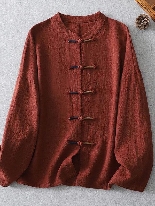 Women's Casual Loose-Fit Cotton Linen Long Sleeve Shirt with Stand Collar & Frog Buttons - New Chinese Style