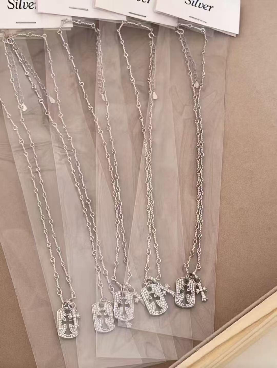 Rhinestone Square Pendant Cross Necklace - Versatile Sterling Silver Sweater Chain with Zircon. 925 Silver