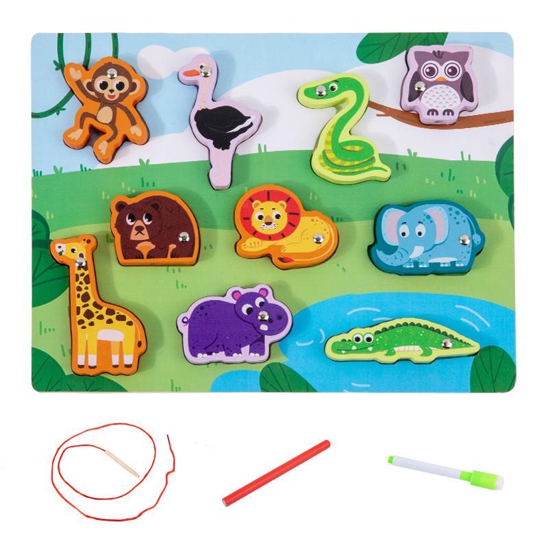 Children's Double-Sided Wooden Activity Board: Matching, Stringing, Drawing, Beading, and Fishing Educational Toy