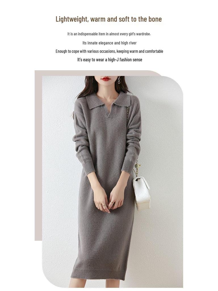 Women's Thickened Wool Polo Neck Long Dress - Autumn/Winter Loose Knit Base Layer 