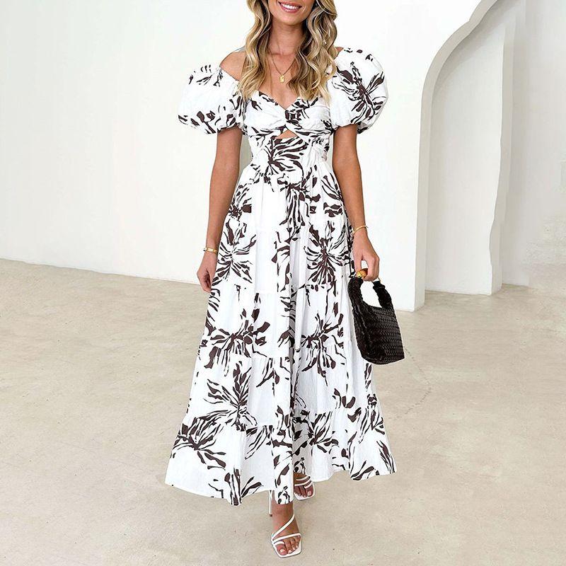 Sweet Dress2024 Fashion Summer and Autumn New Women's Clothing Sweet Elegance Florals Hollow out Shoulder-Baring Dress