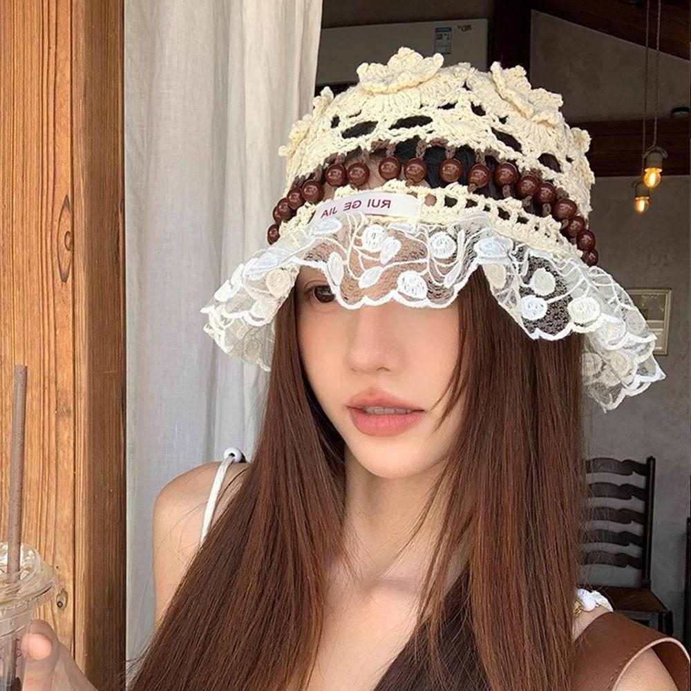 Summer Beads Knitted Hat Hollow Weave Basin Caps Sweet Crochet Bucket Hat  Ladies