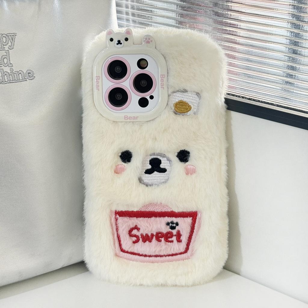 Neue Cartoon Niedliche Bestickte Bär Plüsch Handyhülle für iPhone 16 Pro Max Herbst Winter Warme Plüsch Handyhülle