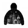 Męska zimowa pikowana kurtka bawełniana z kapturem, oversize, z nadrukiem streetwear, ciepła, luźny krój, do noszenia na co dzień