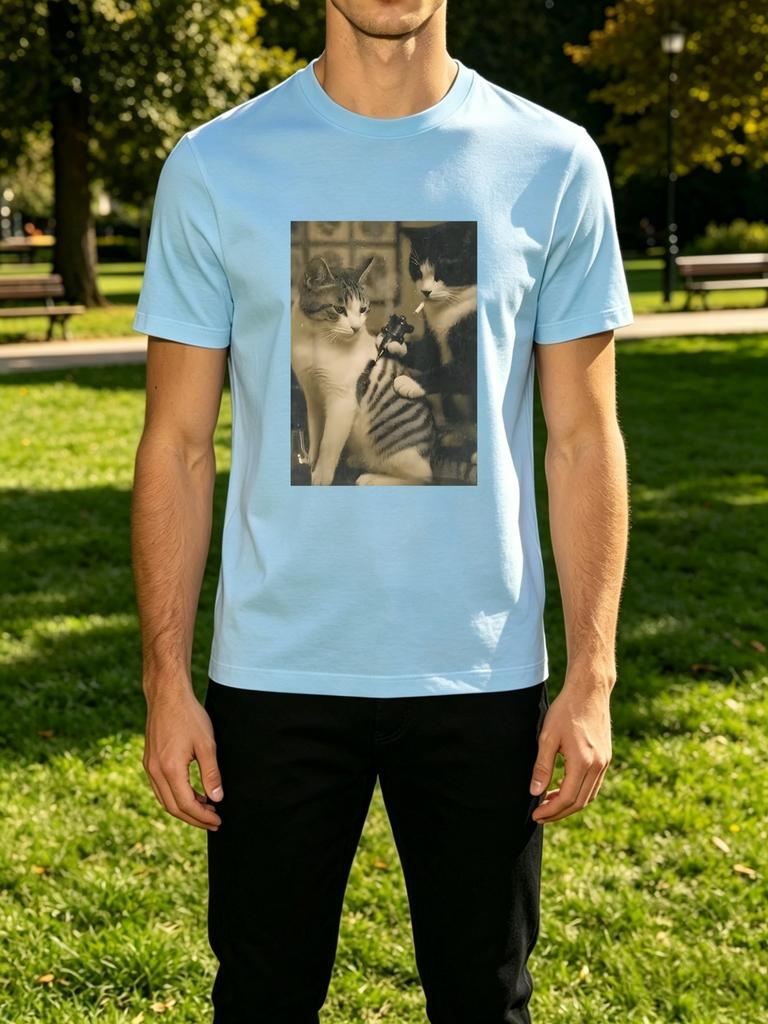 Unisexs Tee Retro Vintage Gangster Cats Gun And Cigarette Print Cotton Short Sleeve Male Streetwear Summer Daily Casual Outdoor Top