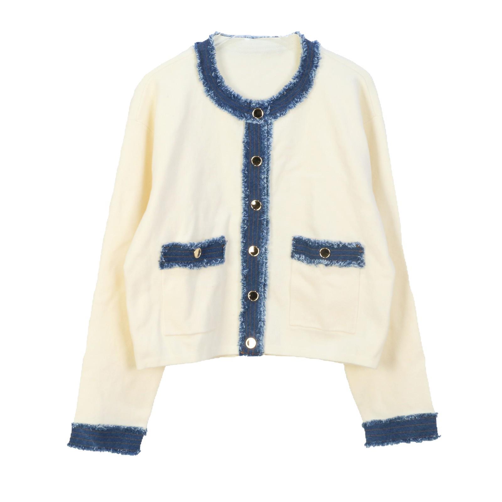 

Французский стиль Кардиган вязаный для богатой девочки: Джинсовая лоскутная куртка с цветными блоками и полосками для женщин. L