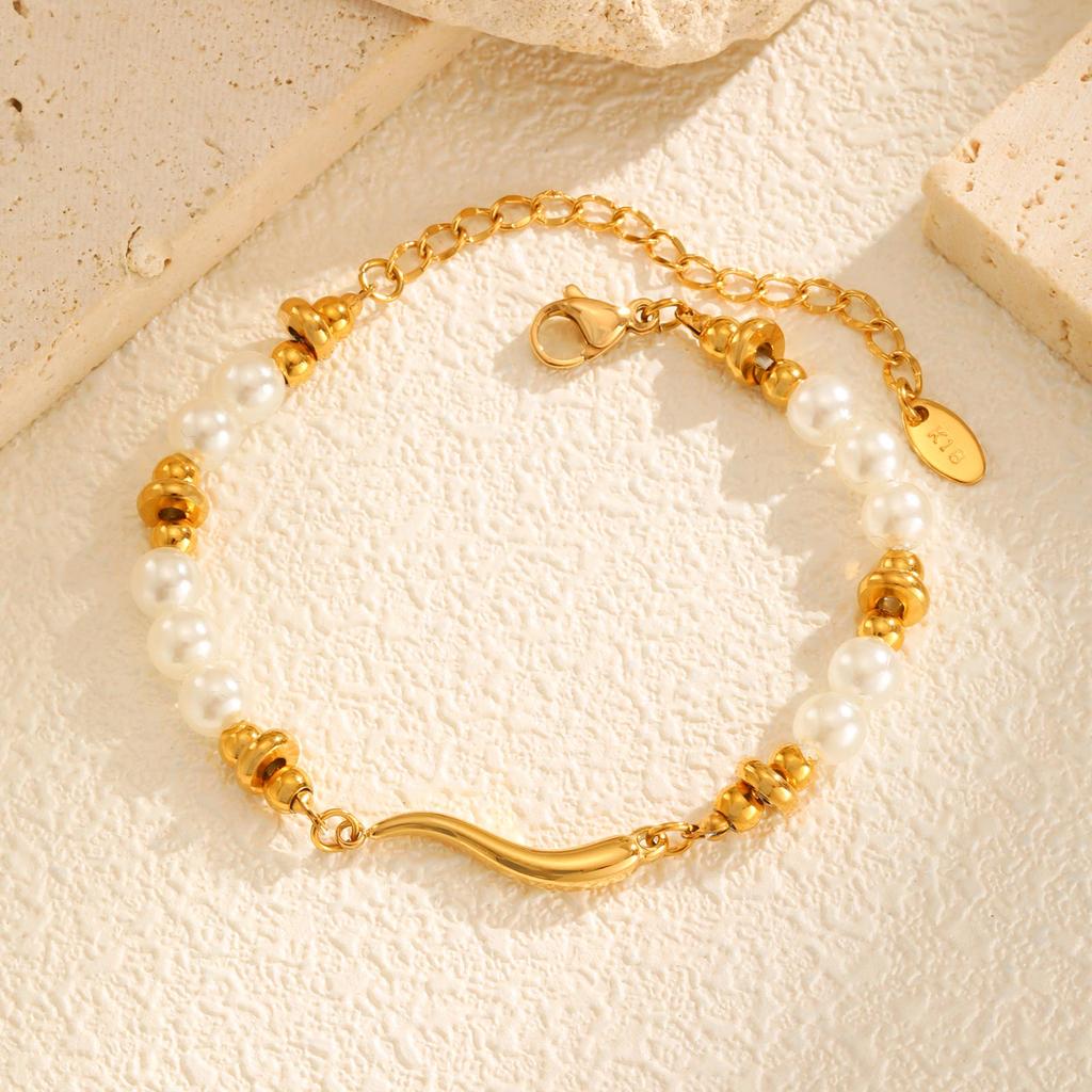 Charm Imitation Baroque Pearl Bead Bracelet for Women, Stainless Steel Rectangular Chain Bracelets,Elegant Jewelry Birthday Gift