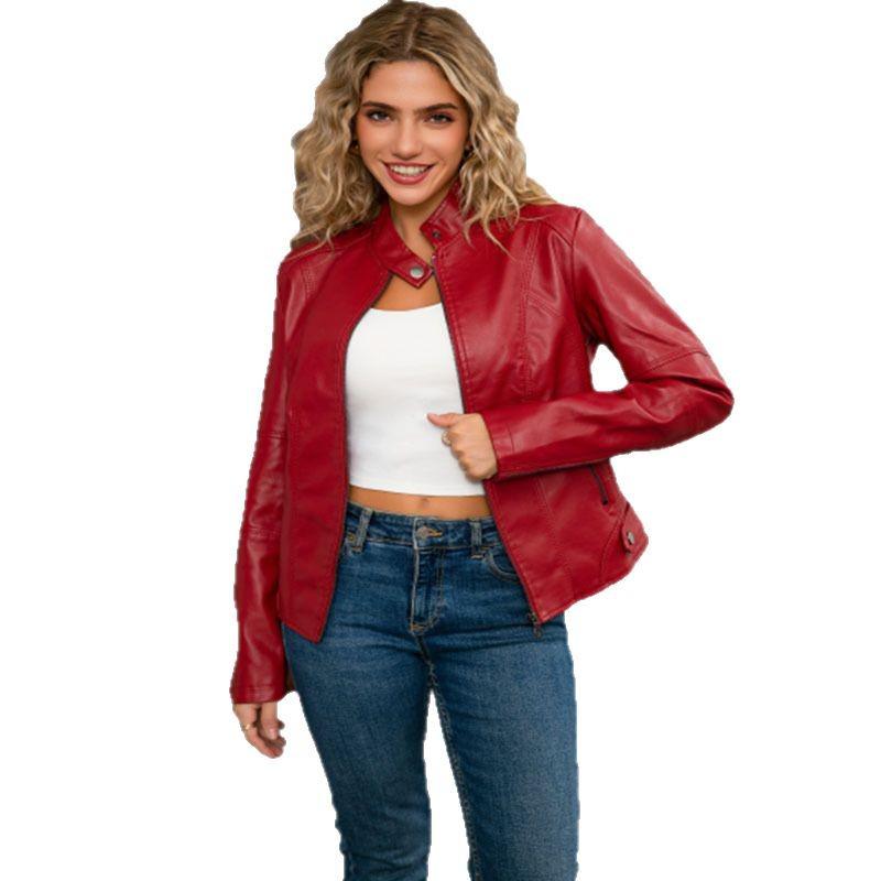 European Women's Slim Fit Leather Jacket Stand Collar Elegant Motorcycle Coat Plus Size