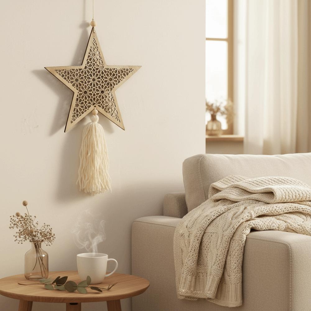 Wooden Material Ramadan Ornaments Hollow Mesh Moon Shape Hanging Decor Star Shape Tassel Design Muslim Decor Ramadan Celebration