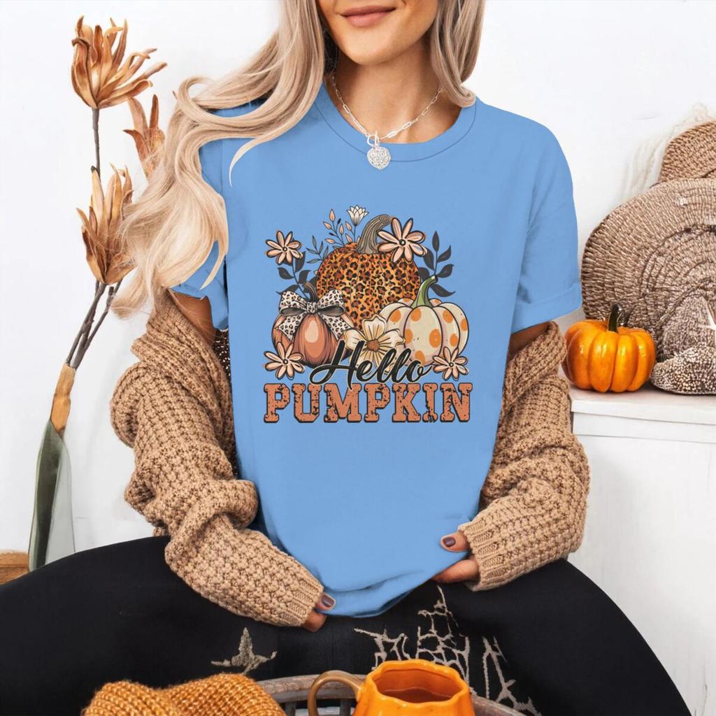 Hello Pumpkin Tshirt FeUnisex Halloween Fall Leopard Pumpkin Coquette Bow Graphic T Shirts Spooky Season Short Sleeve Tee Top