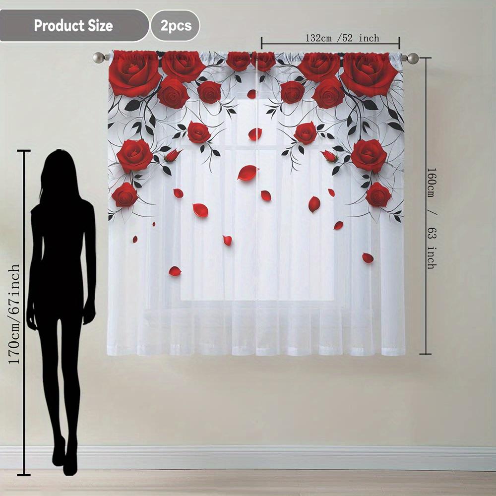 Romantic Red Rose Floral Print Curtain Panel Decorative Waterproof Window Drapes Pair for Living Room Bedroom Home Decor