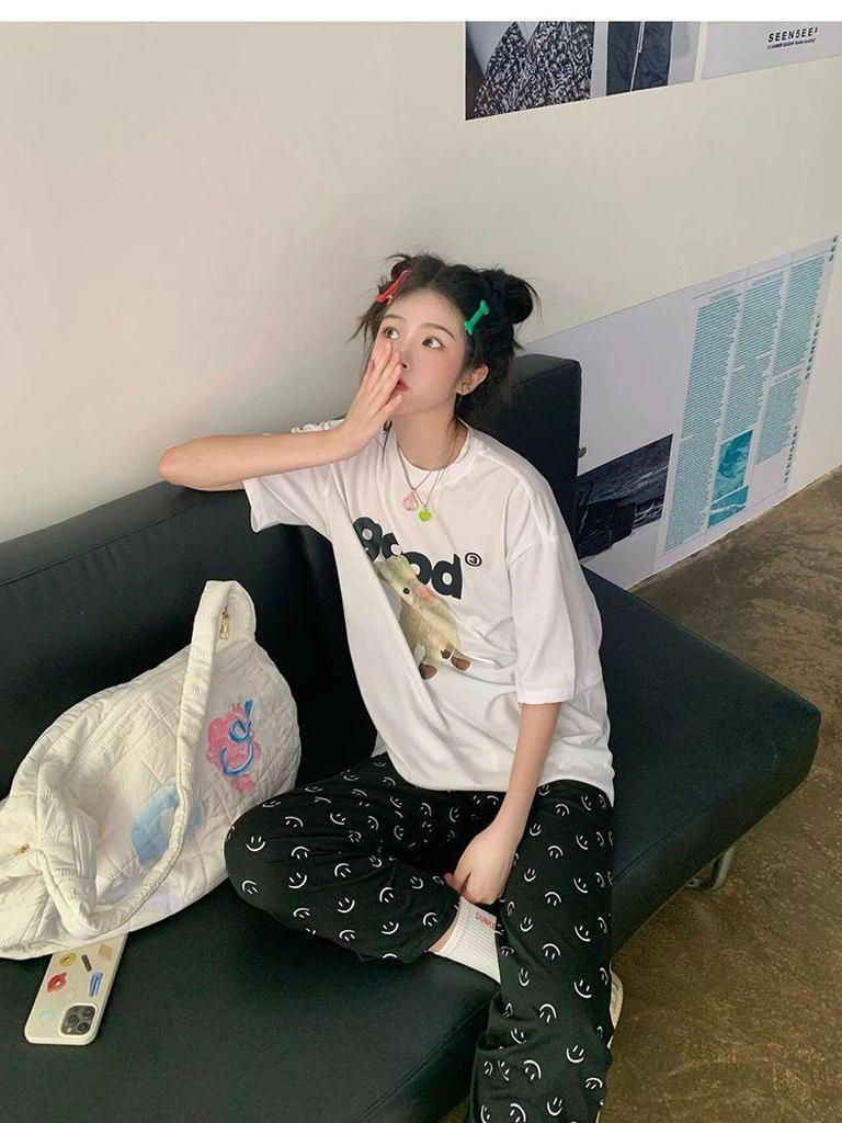 Women's Walking Pants: Smiley Face Print Pajamas, Loose Fit for Spring and Autumn, Casual and Suitable for Indoor/Outdoor Wear