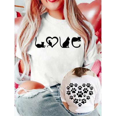 Europäische Größe Damen Lässiges Rundhals-T-Shirt, LOVE Katzen-Silhouette & Pfoten-Herz-Print, Weicher Stretchstoff, S-XXL