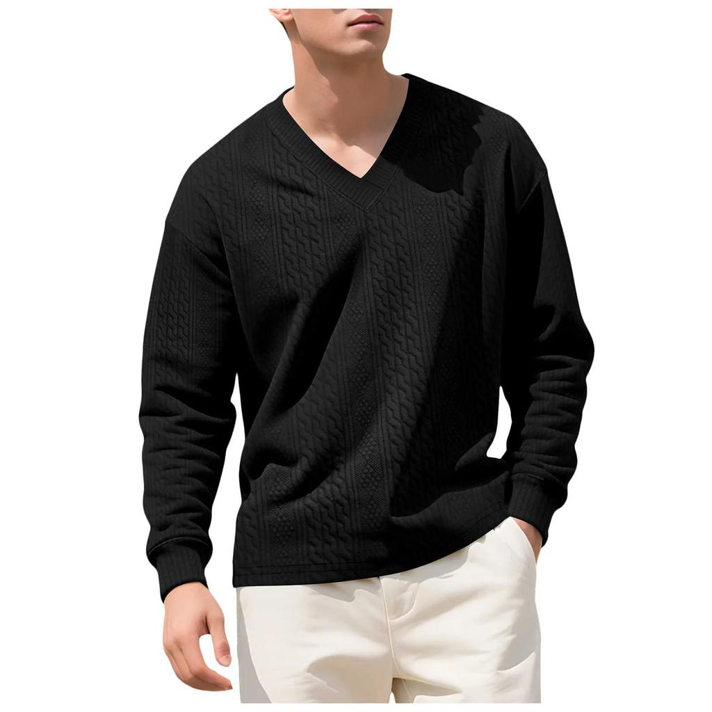 Spring Autumn Soild Color Jacquard V Neck Sweatshirt Knit Pullover Men's Casual Sweatshirts Long Sleeved Tops Sportwear