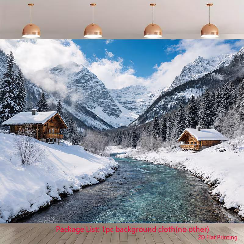 2D Swiss Mountain Lodge Winter Landscape Photo Backdrop 47.2x31.5inch/120*80cm