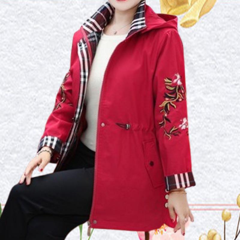 

Женская ветровка куртка средней длины с цветочной вышивкой большого размера для пожилых людей среднего возраста весна-осень тренчкот женский с капюшоном XL-5XL XL красный