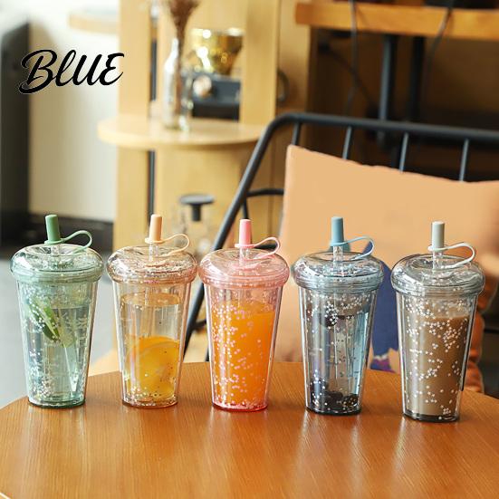 Outdoor Outing Water Container Transparent Straw Cup with Sequins Decor And Leak Proof Reusable Bubble Tea Cup Lid Plastic Sippy for Students Teens