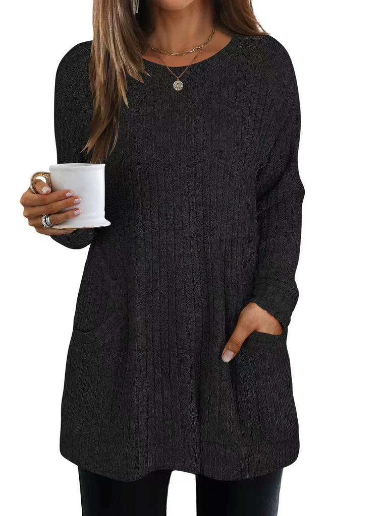 Women's Crew Neck Long Sleeve Knit Tunic Loose Fit Elegant Casual Solid Color Pocket Long Top Fall Pullover Shirt
