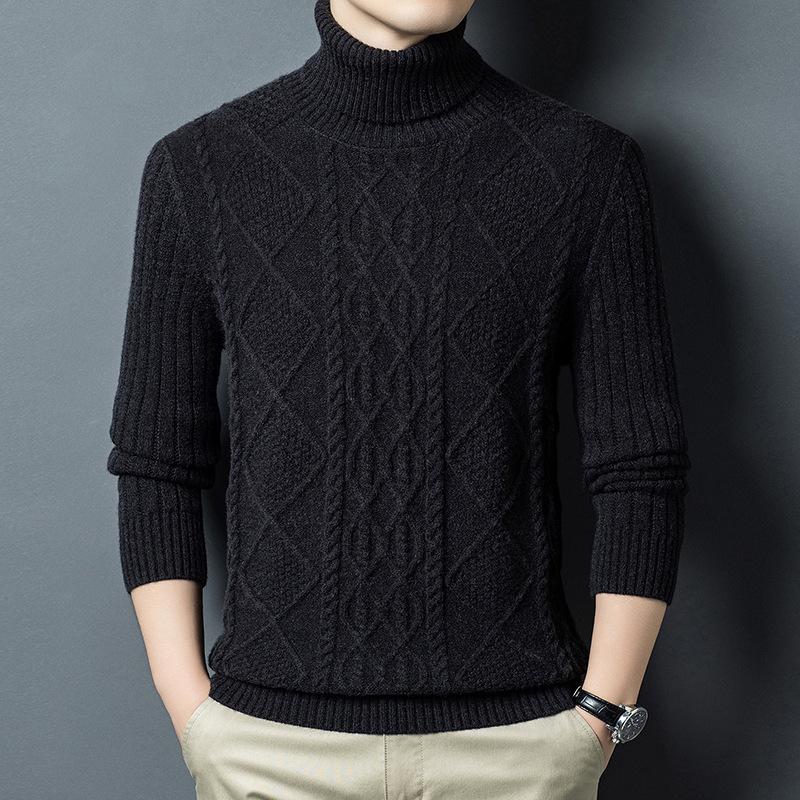 2025 Winter Korean Style Men's High-Neck Jacquard Sweater - Casual Knit Base Layer for Middle-Aged & Young