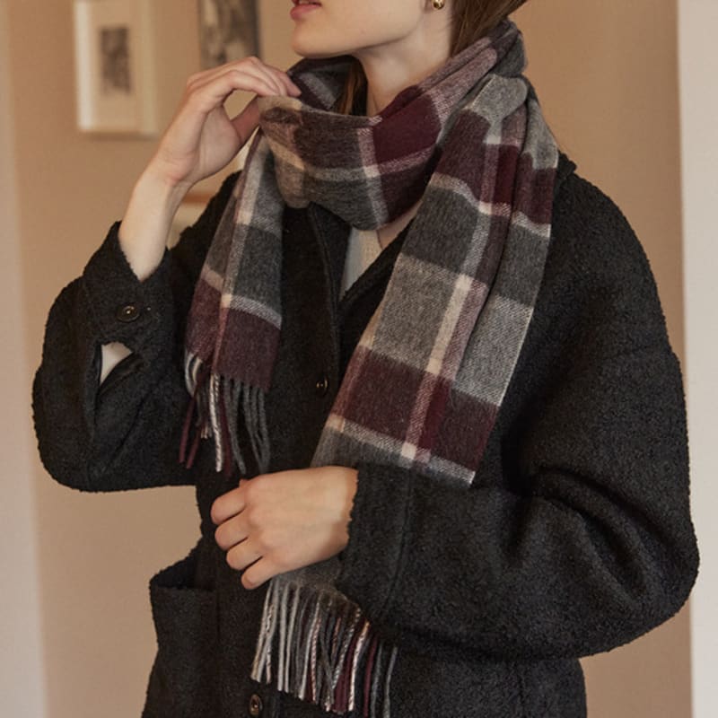 NONLOCAL Daily check wool muffler - Burgundy Check
