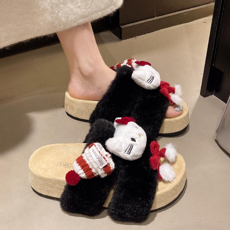 Kätzchen süße flauschige Hausschuhe Damen Oberbekleidung 2025 Herbst und Winter neu lässig Ein-Pedal dicksohlige Baumwollhausschuhe Damen