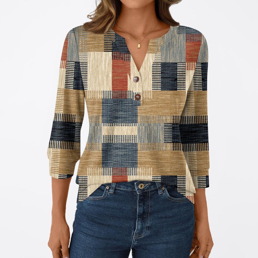 Damska Moda Casual Koszulka z Rękawem 3/4 Nadruki Dekolt w Serek Guziki