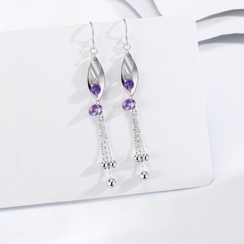 Purple Diamond Leaf Long Fringed Earrings Women's Fashion Korean Version Versatile Earrings Mori Ethnic Style Earrings