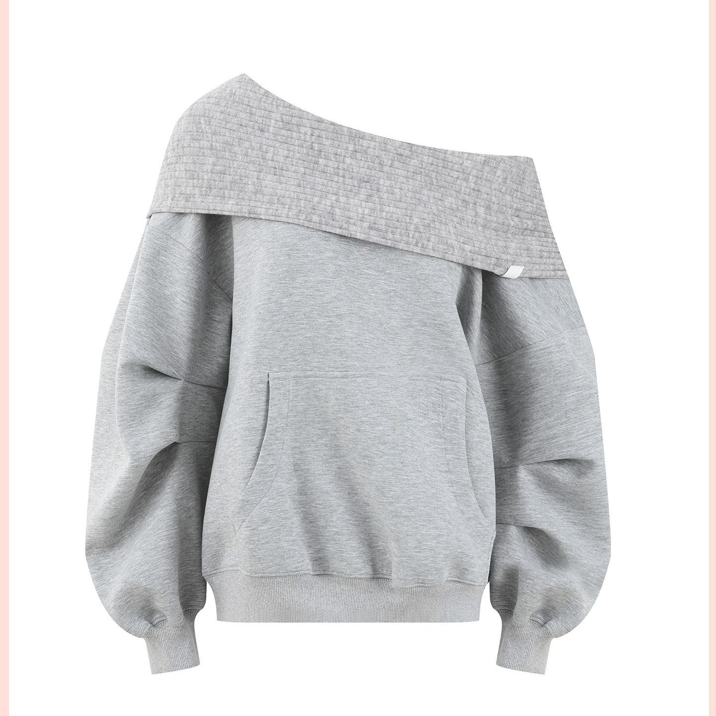 Herbst Strickwaren Mit Kapuze Lässig Oversize Pullover Damen Doppelt tragbar Designer Mode Schulterfreier Pullover Frühling Locker Oberbekleidung XS licht grau