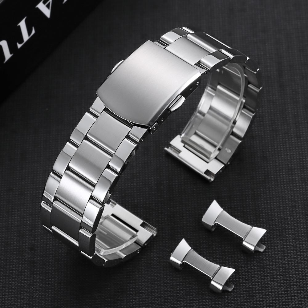 Luxury Solid Stainless Steel Watch Bracelet with Curved End 18mm 20mm 22mm Double Press Folding Buckle Watch Strap Accessories