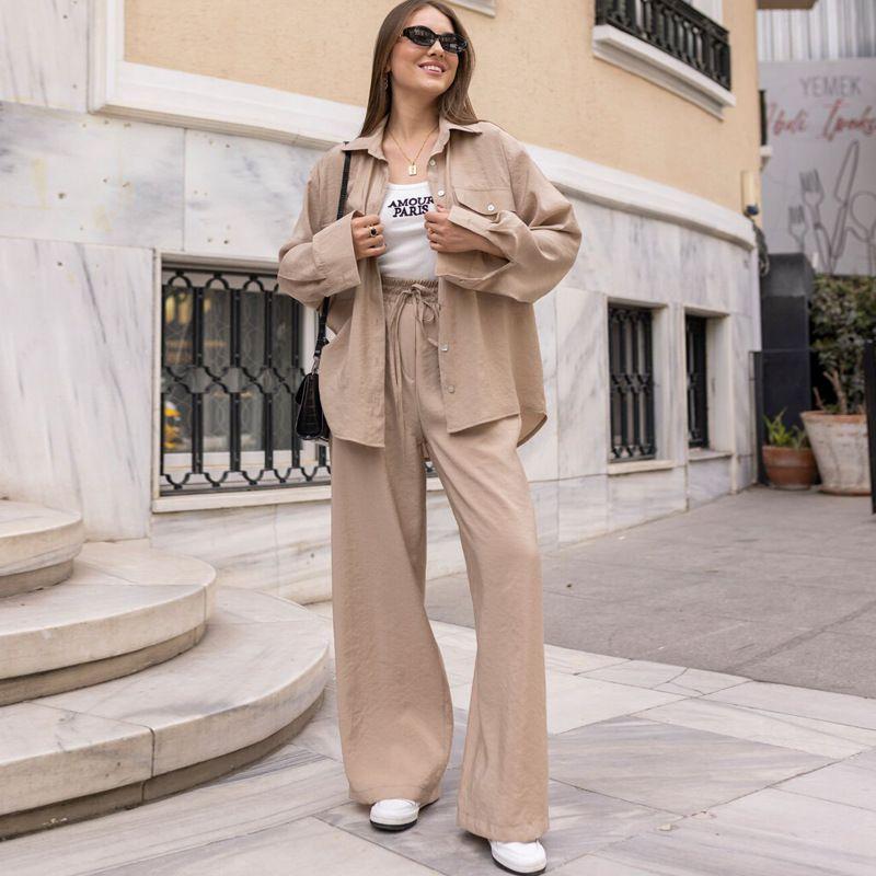 

Leisure Two-Piece Set Women s Spring & Fall Loose Long Sleeves Shirt Pants Plaid Khaki XL