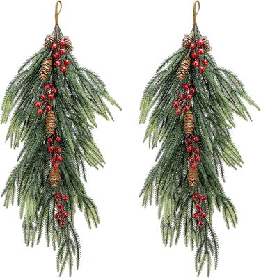 2 Pcs Artificial Christmas Teardrop Swag With Berries And Pinecones, Faux Berry Branch Teardrop Door Swag,