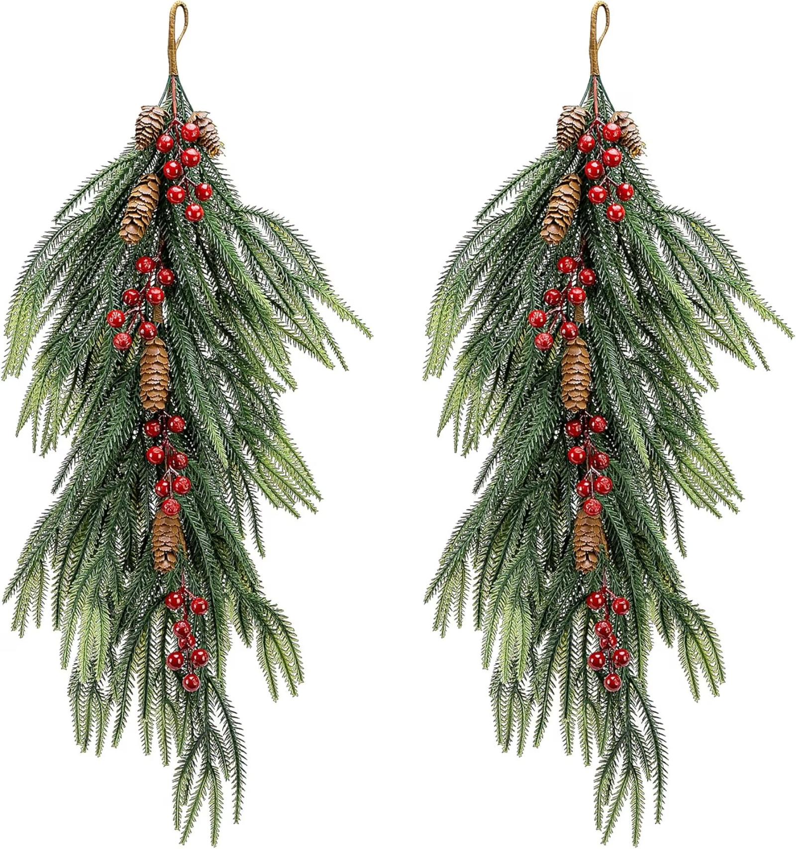 

2 Pcs Artificial Christmas Teardrop Swag With Berries And Pinecones, Faux Berry Branch Teardrop Door Swag, One Size
