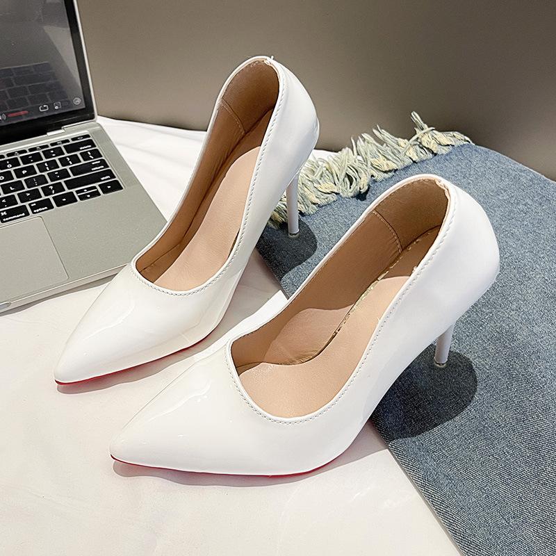 

Black high heels women s stilettos 2025 spring and autumn new leather red sole patent leather pointed sexy nude work shoes 35