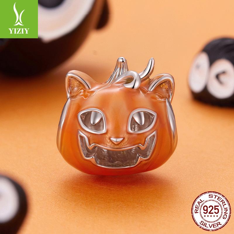 Halloween Luminous Light Dripping Oil Pumpkin Cat Beaded Personality Funny S925 Sterling Silver Beads Loose Beads