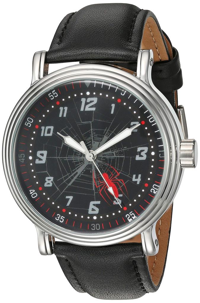 Marvel Analog Quartz Watch with Leather Synthetic Strap Black Men's Spider-Man 21.2 (Model WMA000267)