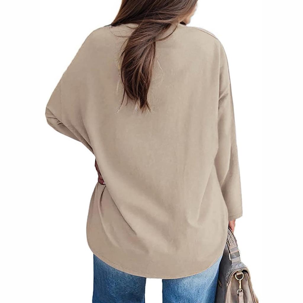 Tricou cu mânecă lungă, cu mânecă lungă, larg și confortabil, cu gât rotund pentru femei, ocazional