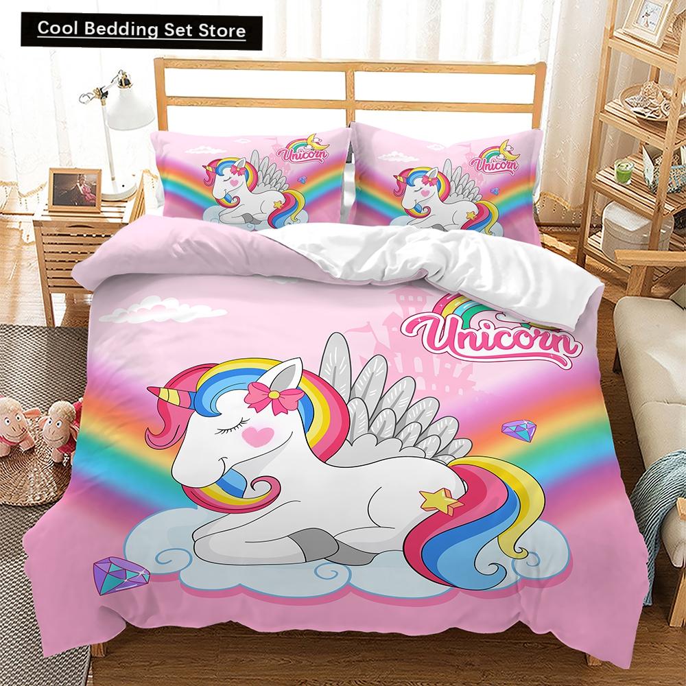Sada ložního prádla s duhovým jednorožcem Kawaii Kreslené zvířecí ložní prádlo pro děti Dívky 2/3ks Velikost Twin Single Double Queen Sady povlaků na přikrývku