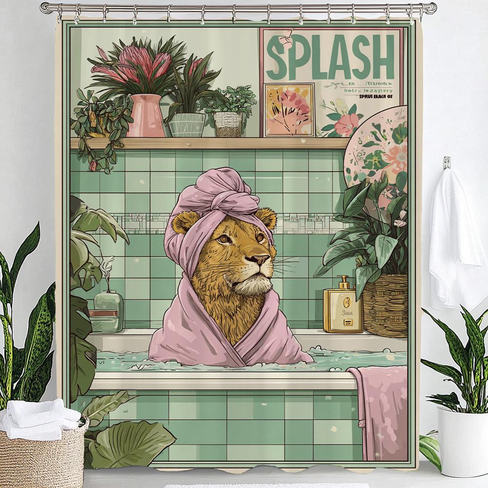 Fun Leopard Shower Curtain,Cat, Dog and Animals Bathing in Nordic Plant Bathtub Bathroom Decorative Shower Curtain with Hooks