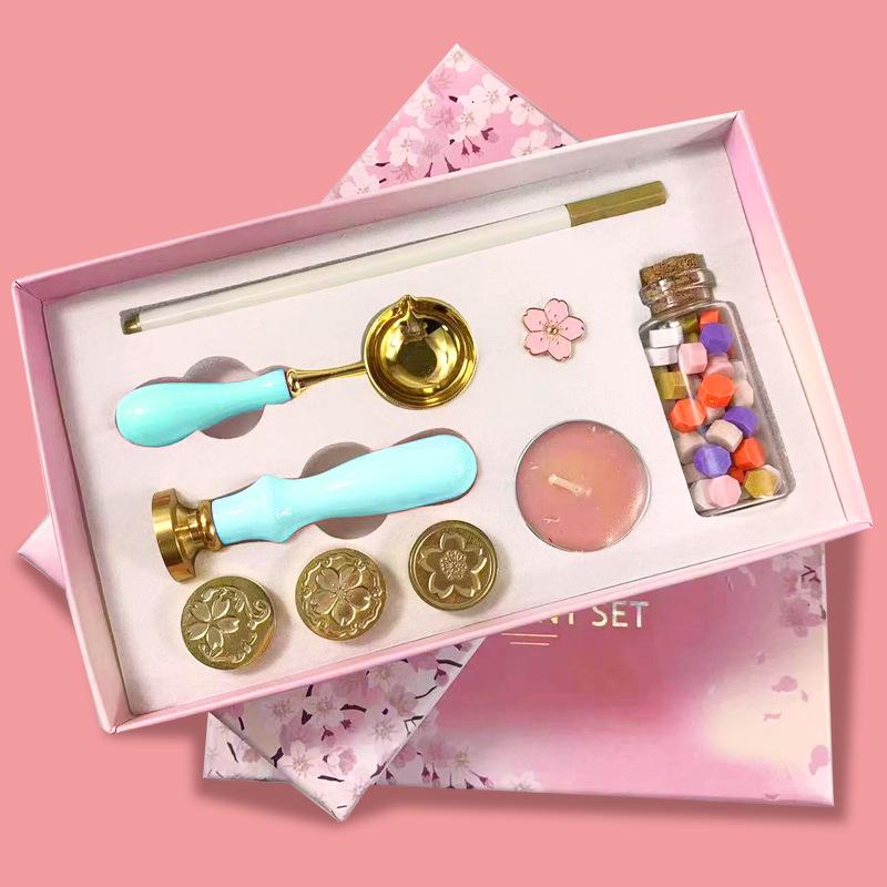 Cherry Blossom Wax Seal Stamp Gift Set: Copper Head, Mixed Color Wax, Spoon & 6-Piece Kit