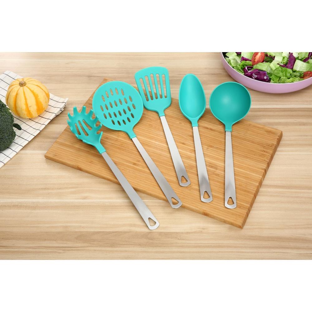 Stainless Steel Nylon 5 Piece Kitchen Utensil Set Cooking Spoon Ladle Skimmer Turner Pasta Server Ergonomic Dishwasher Safe