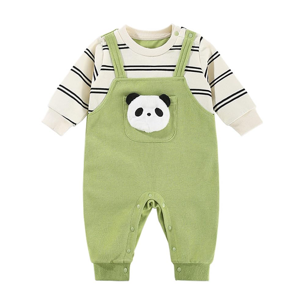 Baby koi Baby Boys Long Sleeve Layered Faux Layered Baby Prep Green Panda Size 6M Romper, Spring/Autumn Overalls-Style Coverall, Newborn, Coverall,
