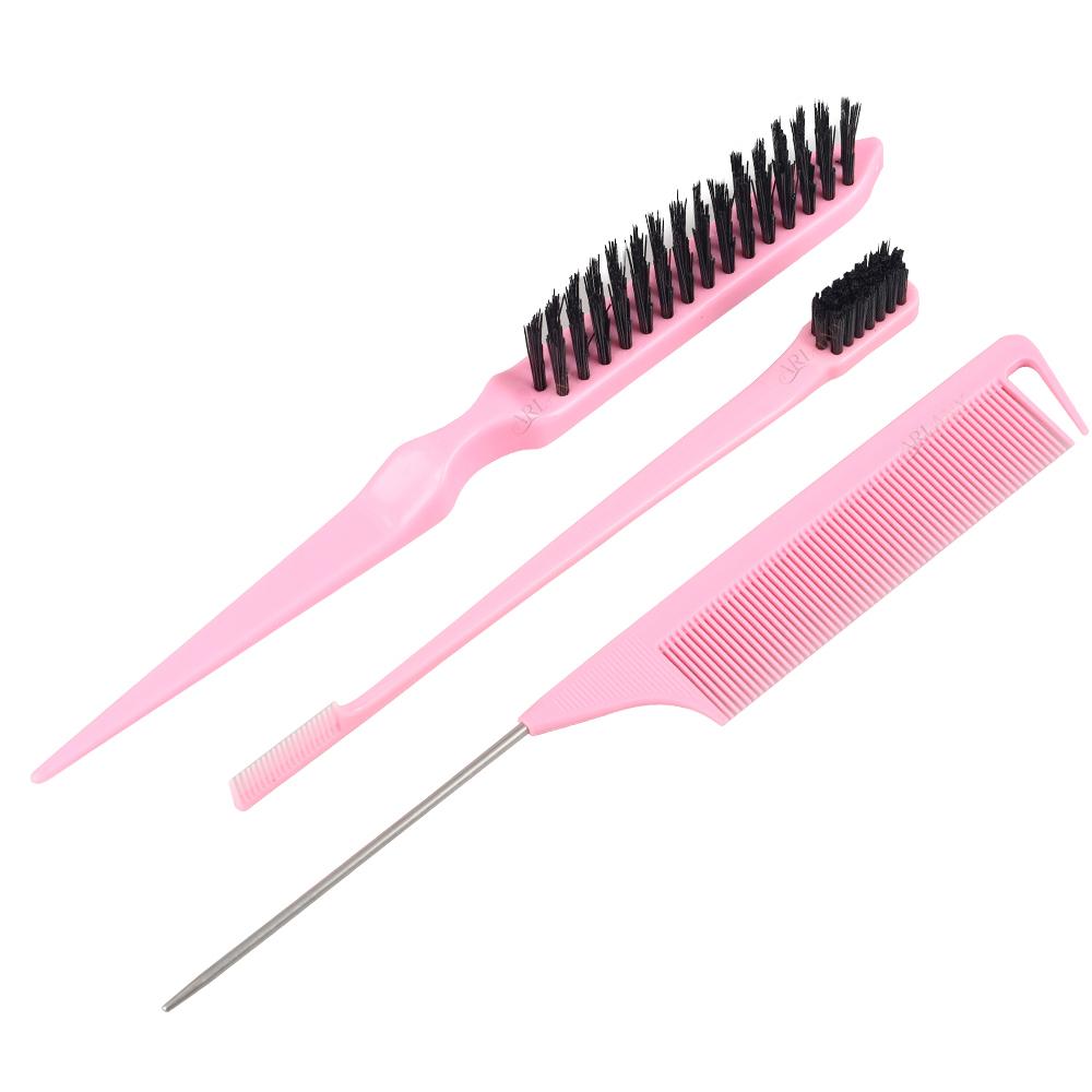 3 Pcs Professional Hair Styling Comb Set: Metal Pin Rat Tail Comb, Teasing Brush & Double-Ended Edge Eyebrow Brush for Salon & Home Hair Braiding, Sty