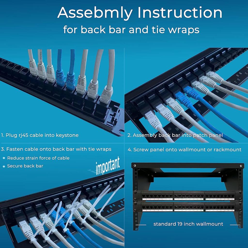 1PC Wiring Board 24 Ports Cat6 with RJ45 Coupler Wiring Board 19 Inches with Detachable Back Pole