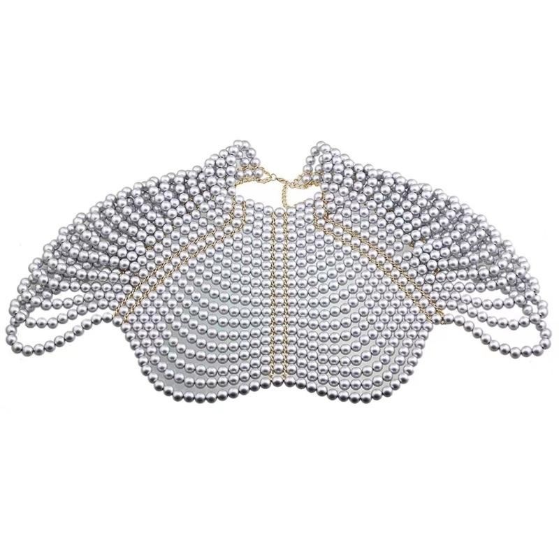 Exquisited Chest Chain Imitation Pearls Tassels Layered Necklace Shawl Beaded Body Jewelry for Elegant Evening Parties