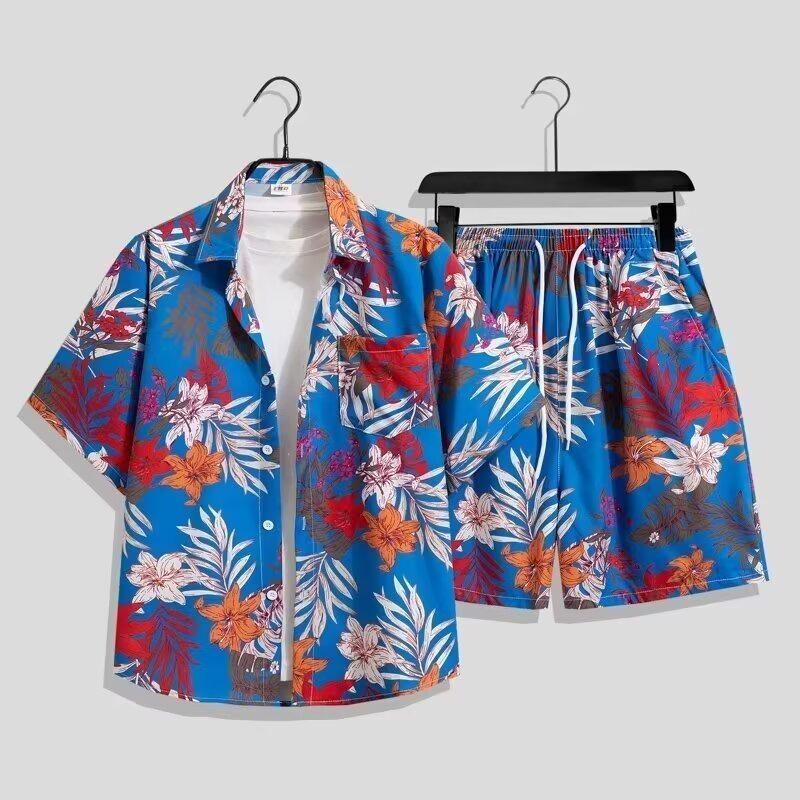 Men's Seaside Floral Hawaiian Shirt & Beach Shorts Set - Cool, Loose Fit for Summer