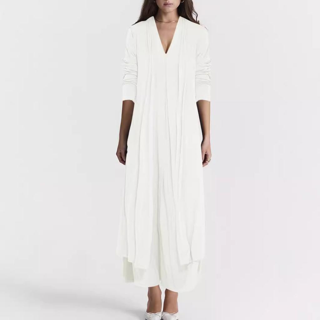 European and American New Casual Solid Color V-neck Cardigan Jacket Dress Set Two-piece Set for Women