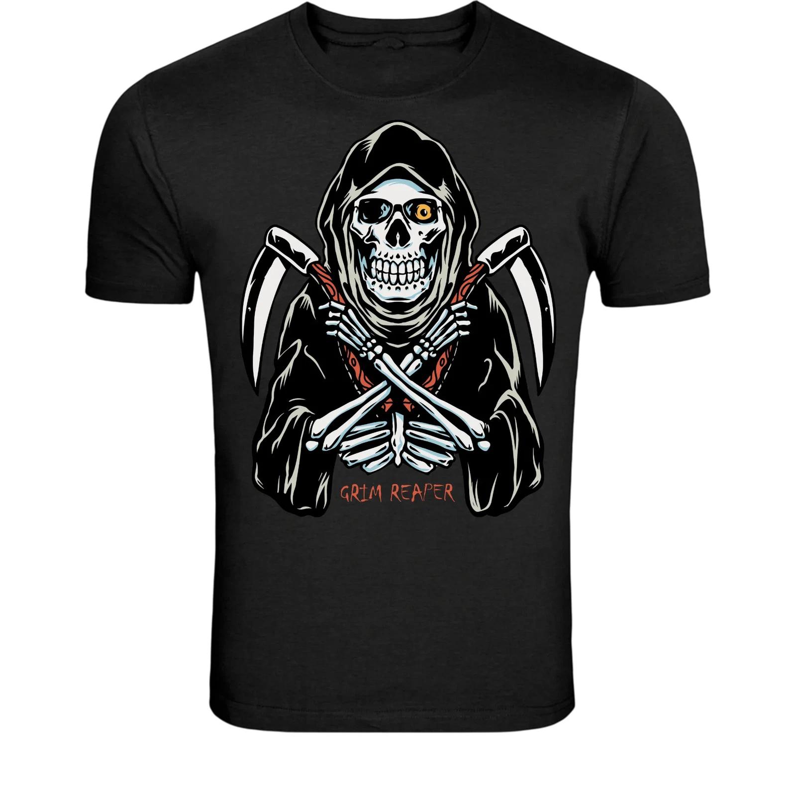 Grim Reaper Skull T-Shirt - Dark Skeleton Death Scythe Graphic Tee L